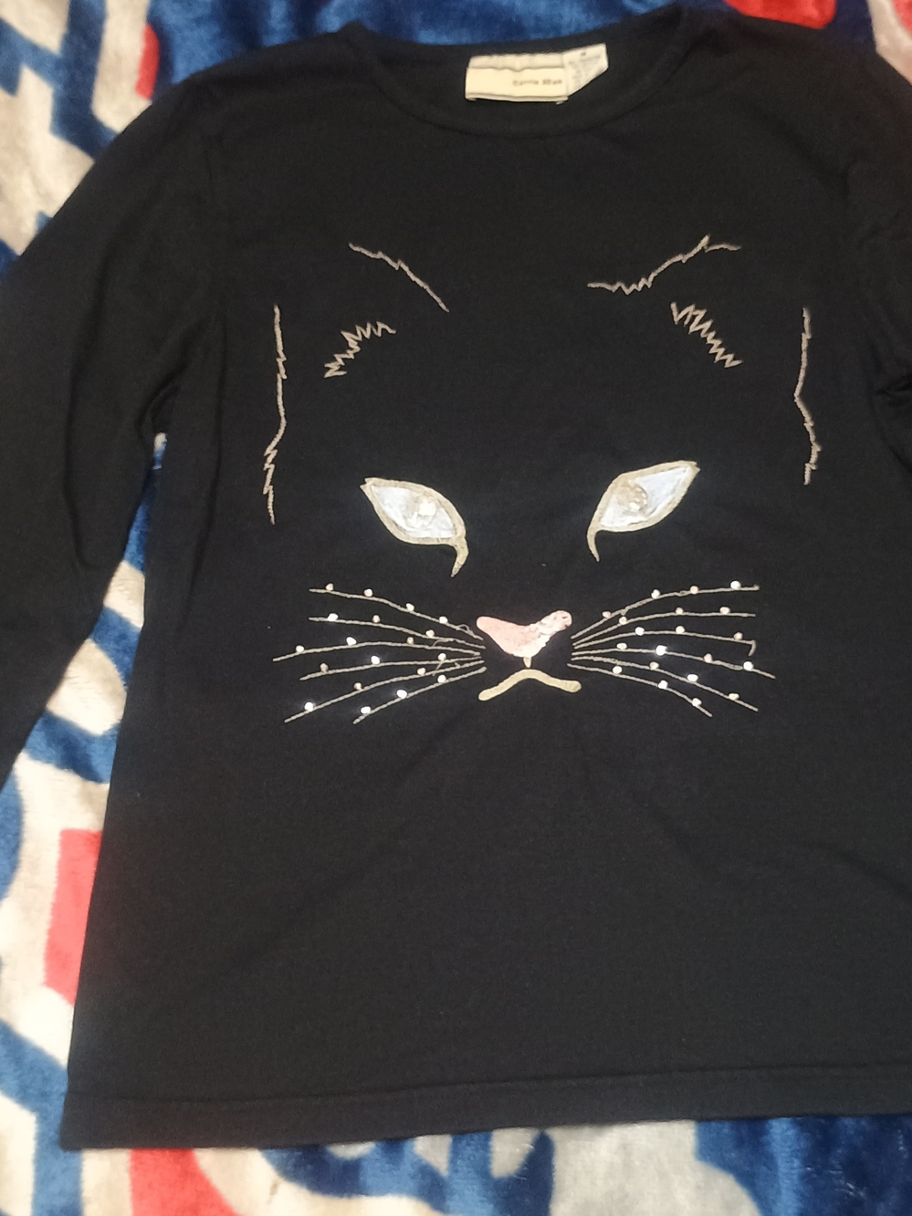 Women's Black Cat Face Long-Sleeve Top with Metallic Detail